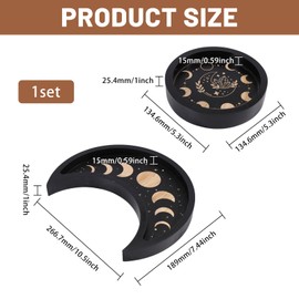GLOBLELAND Crescent Moon Tray Crystal Holder Set for Stones Display Black Wooden Crystal Tray with Round Jewelry Dish Essential Oil Decorative Pallet Gift for Lovers
