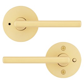 Kwikset Halifax Interior Privacy Door Handle with Lock, Door Lever for Bathroom and Bedroom, Satin Brass Reversible Keyless Push Button Lock Door Lever, with Microban Protection