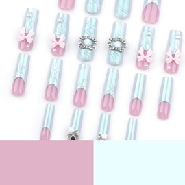 24Pcs Press on Nails Long Square Coffin French Tip Simple with Nude Blue 3D Bow Rhinestone Design Fake Nails Full Cover Glossy Acrylic Glue on Nails Short Stick on Nails False Nails for Women JP3485