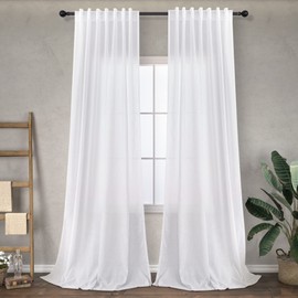 White Back Tab Curtains 96 Inches Long for Bedroom 2 Panels Rod Pocket Drapes Lightweight Semi Sheer Light Filtering Floor Length Curtain for Living Room Dining Simple Crisp French Country Decor 52x96