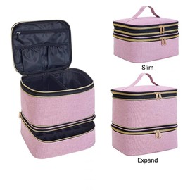 UOZL Nail Polish Organizer, Large Capacity Handheld Double Layer Slim Expandable Bag，Holds 30 Bottles (15ml/0.5 fl.oz) With Adjustable Dividers For Nail Polish Manicure Lamp Essential Oil，Pink