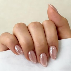 SXVME Uñas postizas cortas almendradas color rosa nude cromado, uñas postizas lindas con acabado brillante y diseño de espejo, uñas postizas stiletto 