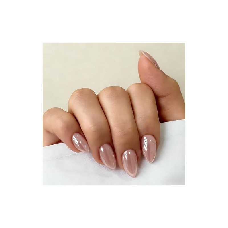 SXVME Uñas postizas cortas almendradas color rosa nude cromado, uñas