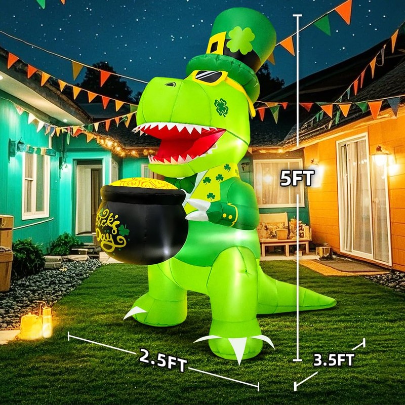 KOOY 5 FT St Patricks Inflatable Dinosaur Hold Gold Pot