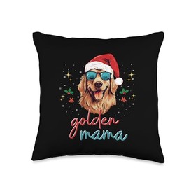 Golden Retriever Mama Wearing Christmas Santa Hat Golden Retriever Mama Wearing Santa Hat & Christmas Sunglass Throw Pillow, 16x16, Multicolor