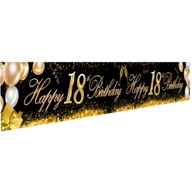 HOWAF Super Large Happy 18th Birthday Banner for 18th Birthday Party Decoration Black and Gold, 18th Birthday Fabric Photo Booth Backdrop Background Banner for Garden Table Wall Decoration, 9*1.2 Feet