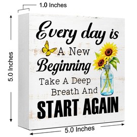 LVQHI Everyday Is A New Beginning Sign Wooden Box Decor, Inspirational Wood Block Signs For Home Bedroom Office Desk Tabel Shelf 5"x5"x1.2" IN