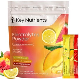 KEY NUTRIENTS Electrolytes Powder Packets – Variety Pack – Sugar Free Hydration Drink Mix – Keto Electrolytes Hydration Packets – Improved Refreshing Taste Lemonade, Peach Mango & Watermelon – 20 Pack