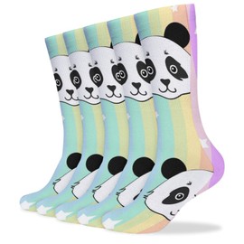 5 Pairs Soft Circulation Socks, Compression Crew Knee High Stockings Long Athletic for Running Sports 15.7x3.9 in Print Panda Heads On Stars Rainbow Color Stripes