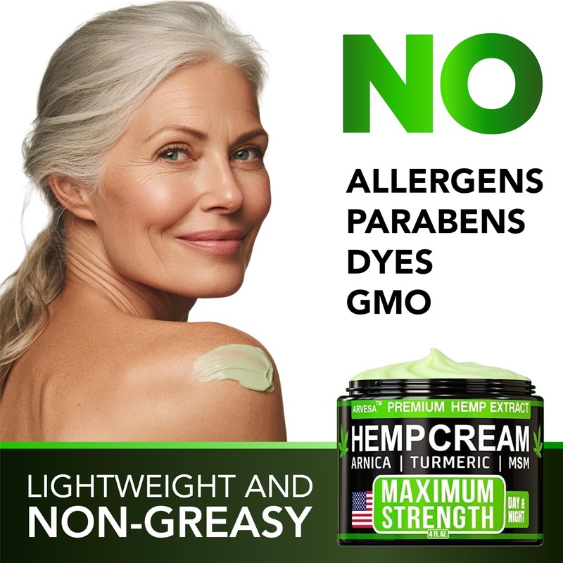 Hemp Cream Maximum Strength with Glucosamine, Arnica, Turmeric - Non-Greasy