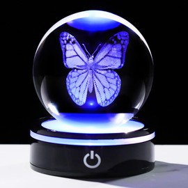 YWHL 3D Crystal Ball Butterfly Figurine with Colorful LED Base, Laser Butterfly Gifts for Women Men on Christmas Birthday, Butterfly Ornament Glass Sphere Decorative Ball for Home Decor (80mm)