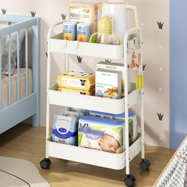 TOOLF Metal Utility Cart, 3 Tier Rolling Cart wth 4 Hooks Storage Cart on Wheels Craft Organizer with Handle for Organizer Storage for Classroom Office Dorm Home Pearl White