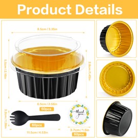 ZOXILEN - 60 sartenes para tartas con tapas, papel de aluminio, 5 onzas desechables con tapas, cucharas redondas, pequeñas para hornear, recipientes para tarta de queso para fiestas, color negro y