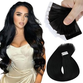 Sunny Hair Tape in Hair Extensions Human Hair Invisible Tape in Hair Extensions 10Pcs Tape in Extensions Real Human Hair Straight Hair Extensions for Women 14 inch Jet Black Color