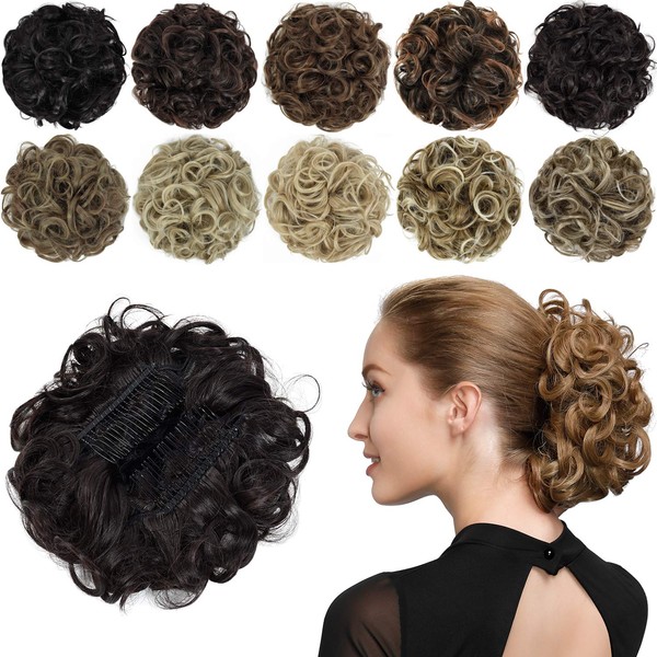 Yamel Chignon Hairpiece Curly Bun Scrunchie Extensions Synthetic Updo Combs in Messy Bun Hair Piece for Women 4A# Dark Brown