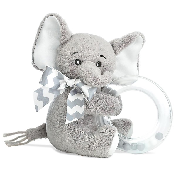 Bearington Baby Lil’ Spout Ring Rattle: 5.5” Plush Gray Elephant Shaker Toy With Soft Plush Fur, Satin Bow, Clear Ring and Moving Beads; Sensory Stimulation for Infants, Makes a Great Baby Shower Gift