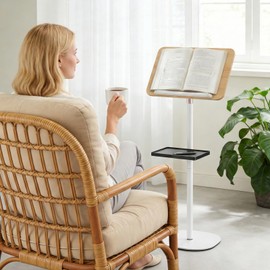 2 in 1 Adjustable Floor Book Stand & Music Stand with Removable Tray, 19.7" to 51.2" Foldable Reading Book Holder with Page Clips for Laptop, Cookbooks, Sheet Music, Wooden Podium Stand for Projector