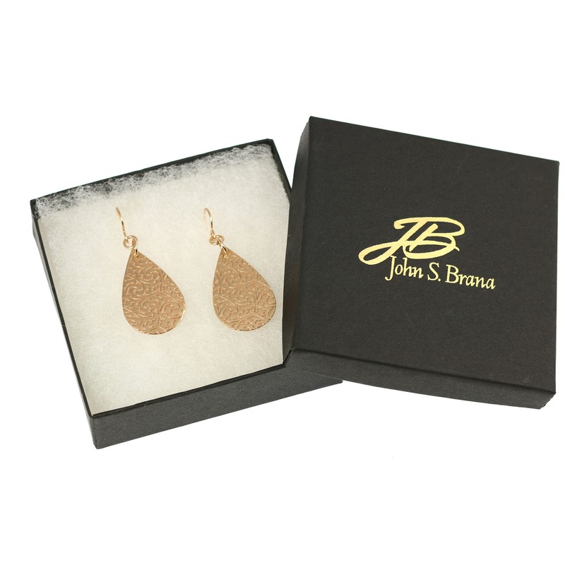 Small Damask Embossed Bronze Long Teardrop Earrings
