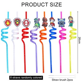 Children's Straws, Pack of 8 Drinking Straws, Colourful Drinking Straws, Plastic, Dog Patrol Straws, Plastic Straws with Straw Brush as Party Accessories for Birthday Children