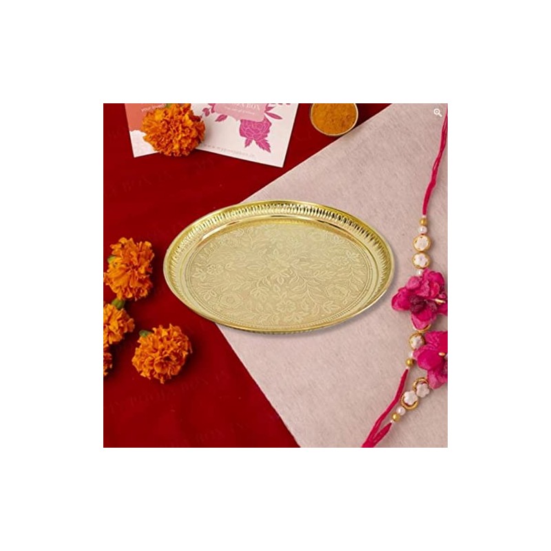 Skywalk Handmade Brass Puja Thali with Flower Embossed Design (Gold,