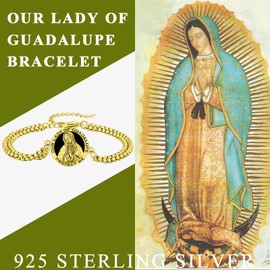 Our Lady of Guadalupe Bracelet for Men Women 925 Sterling Silver Gold Virgen de Guadalupe Mother Virgin Mary Bracelets Black Onyx Catholic Jewelry Guadalupe Braceleet with 3.0mm Rolo Chain 9inches