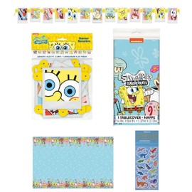SpongeBob Squarepants Birthday Party Supplies Decoration Bundle Pack includes 1 Jointed Banner, 1 Table Cover, 1 Dinosasur Sticker Sheet