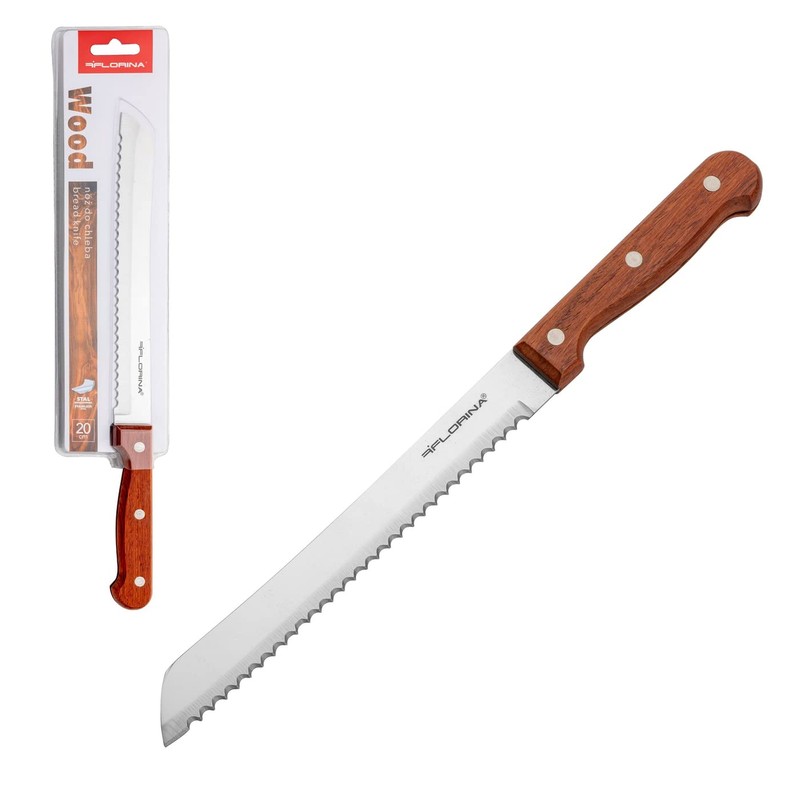 Brotmesser, Edelstahlklinge, Klingenlänge 20cm, Klingenblatt mit scharfem Wellenschliff, bequemer Holzgriff,