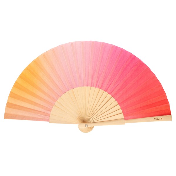 Fisura - Original Hand Fan with Red Gradient Print Modern and Colourful Wooden Fan Red and Pink Fan Dimensions: 42.5 x 23 cm Materials: Wood and Textile