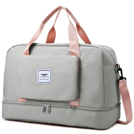 FIORETTO Womens Foldable Weekend Bag Overnight Hospital Bag with Shoes Compartment & Wet Pocket, Water Resistant Gym Bag Duffle Bag Travel Bag Holdall for Women Men Grey&Pink