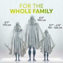 ZENO Disposable Rain Ponchos for Adults & Kids - Family Pack - Clear, Compact, Breathable, Emergency Ponchos with Hood