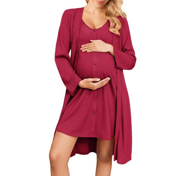 Ekouaer Maternity Nursing Gown and Robe Set 2 Piece Waffle