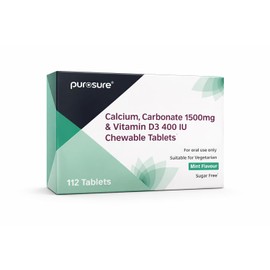 PUROSURE Calcium Carbonate 1500mg with Vitamin D3 400 IU – Mint Flavour | 112 Chewable Tablets | High-Strength Bone & Teeth Support | Easy-to-Chew Calcium with D3