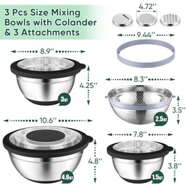 P&P CHEF Mixing Bowls with Lids Set of 3, 3 Pcs Stainless Steel Nesting Salad Bowls and Colander for Kitchen, 3 Grater Attachments & Non-Slip Bottoms, Visible & Airtight Lid, Black