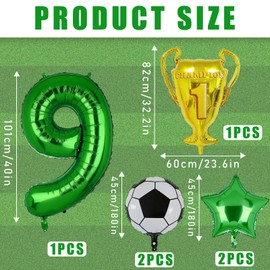 Soccer Balloons 9th Birthday Decoration for Boys, Soccer Balloons Foil Mylar Green Soccer Sports Theme Party Supplies Decor 6Pcs (9th)