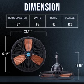 Tornado 20 Inch Outdoor Downrod Mount Ceiling Fan, IPX4 Water-Resistant Ceiling Hung Fan Remote Control Included, 3 Speed 3000 CFM 10 FT Cord UL Safety Listed