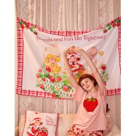 Strawberry Shortcake Tapestry Cute Vintage Wall Tapestry for Living Room Bedroom, Pink