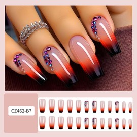 Coffin Press On Nails Medium Fake Nails Gradient With Rhinestone Design Black Ombre False Nails Full Cover Artificial Acrylic Nails Glossy Glue On Nails Stick On Nails For Women Manicure 24pcs