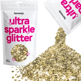 Hemway Premium Ultra Sparkle Glitter Multi Purpose Metallic Flake for Arts Crafts Nails Cosmetics Resin Festival Face Hair - Champagne Gold - Super Chunky (1/8" 0.125" 3mm) 100g / 3.5oz