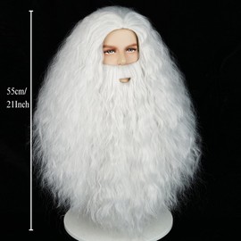 Wiggy Mermaid White Santa Beard and Wig Set for Men Adults Teens 21'' Long Curly Beard Santa Wigs with Cap for Christamas Costumes Party Cosplay
