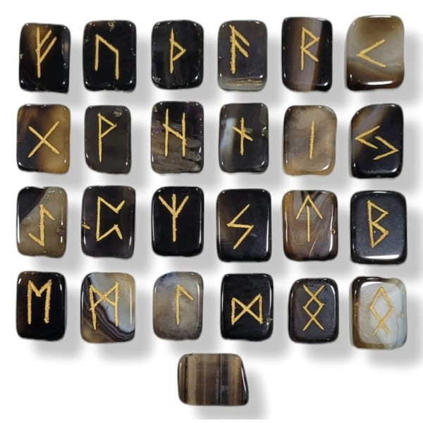Empyreal Stones Runes - Rune Stones Set Crystal Viking Alphabet Elder futhark Wicca Norse Divination Gemstones (Black Onyx, Rect)