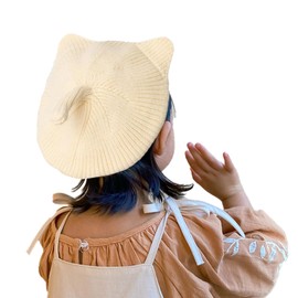 JK Home Cute Cat Ear Wool Beret Hat for Girls, Soft Lined Knitted Hat Double Layer Warm Crochet Beanie Hat French Artist Painter Knit Cap for 2-5 Years Kids