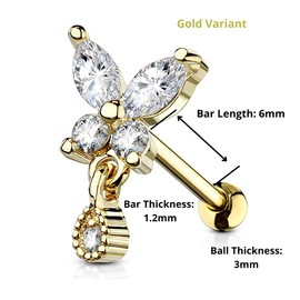 PiercedOff 316L Surgical Steel IP Gold Tone Cartilage BarbellCZ Butterfly with tear Drop Dangle - Thickness 16GA (1.2mm) / Length 6mm / Ball Size 3mm / Butterfly 7 x 5.5mm