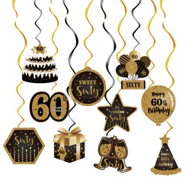 Eclifano Happy 60th Birthday Hanging Swirls Streams Ceiling Decorations,Celebration Old Black and Gold Birthday Party Decorations Supplies 60 Foil Hanging Swirls with Cutouts for 60 Years