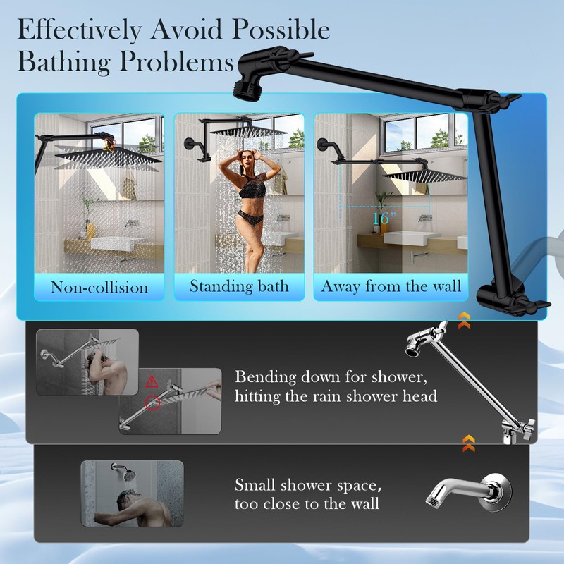 Rain Shower Head Extension Arm, 16 Inch Joint Metal Shower