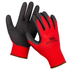 12 pairs, Crinkle Rubber Coated Safety WORK Gloves for Gardening, Construction, Warehouse, for Men & Women, Red Polyester Black Latex Coating, Bulk Pack ACKTRA WG008, Medium