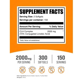 BulkSupplements Cla Softgels 2000Mg Dietary Supplement 300 Count Dairy Free Energy Boosters