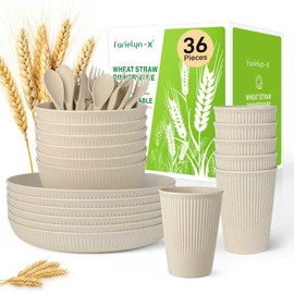 36-Piece Wheat Straw Dinnerware Sets for 6, Farielyn-X Unbreakable Reusable Set Kitchen Cups, Plates, Bowls Sets & Cultery Dishwasher Microwave Safe - Patio, Outdoors, RV, Camping Dishes