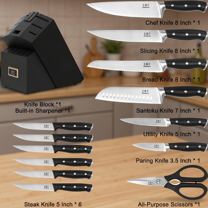 WANGMAZI 15 Pcs Knife Block Set, Knife Sets for Kitchen
