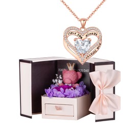 Generic Birthday Gift for Her, Preserved Rose Gift Box, Cute Moss Bear for Wife Girlfriend on Birthday Anniversary Mothers Day Christmas (Purple box+necklace01), Pink