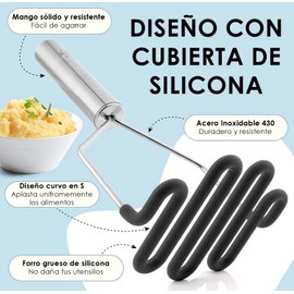 U Chef Machacador de Papas, Utensilio de Cocina Trituradora de Patatas de Acero Inoxidable Duradero con Revestimiento de Silicona Premium, Prensador de papas de Mano Versátil para Hacer Puré de Papas. (negro)